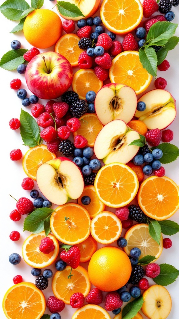 An assortment of colorful fruits including oranges, apples, and berries arranged on a white surface.