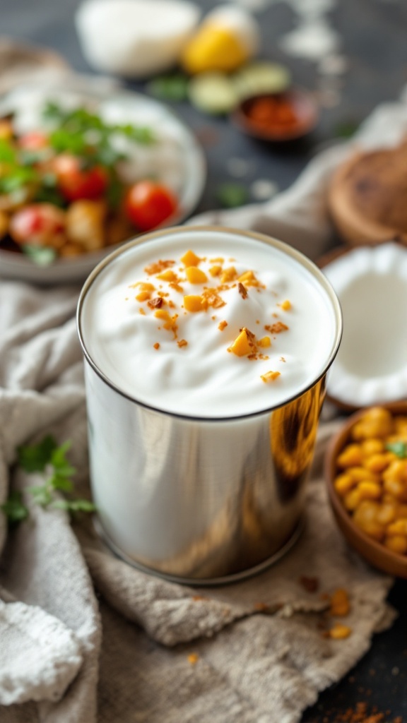 Can of full-fat coconut milk topped with coconut bits, surrounded by ingredients like tomatoes and spices.