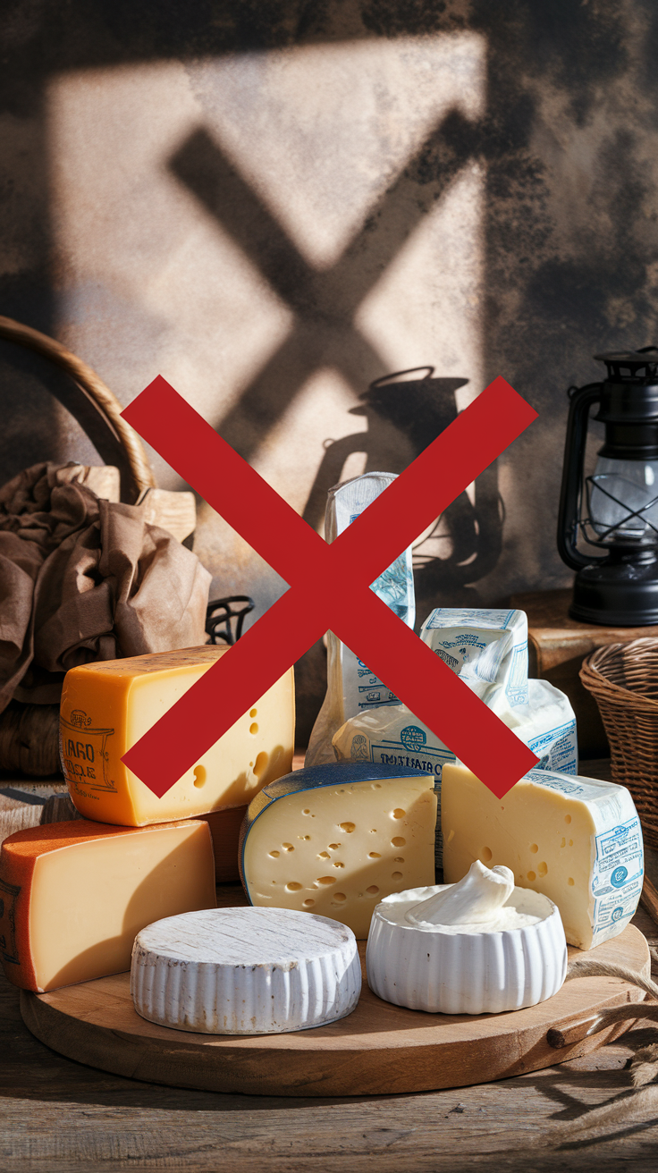 A variety of cheese blocks with a red 'X' indicating a warning or caution.