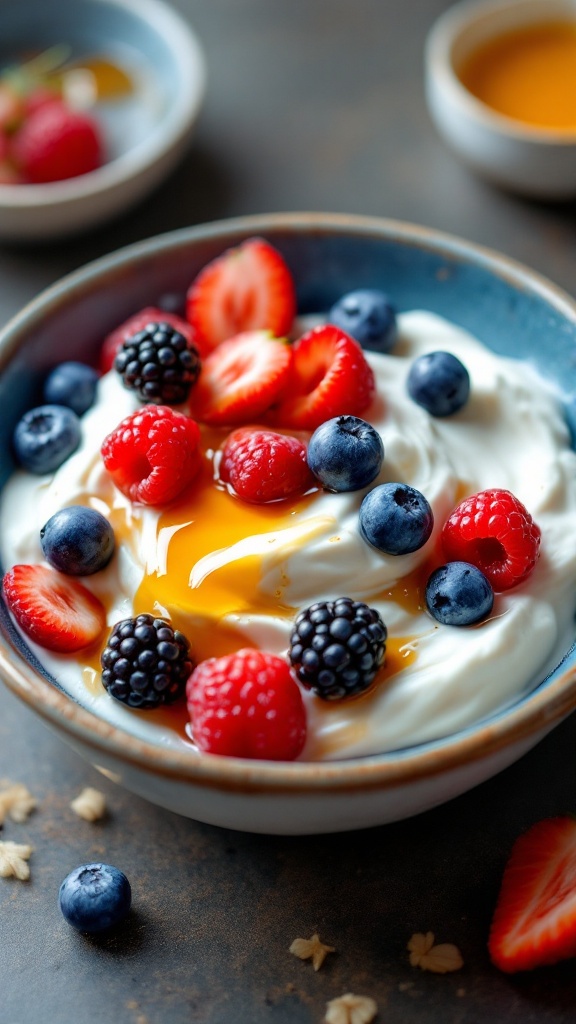 A bowl of full-fat Greek yogurt topped with fresh strawberries, blueberries, raspberries, blackberries, and a drizzle of honey.