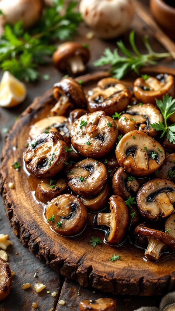 A wooden plate filled with sautéed garlic butter mushrooms garnished with parsley.