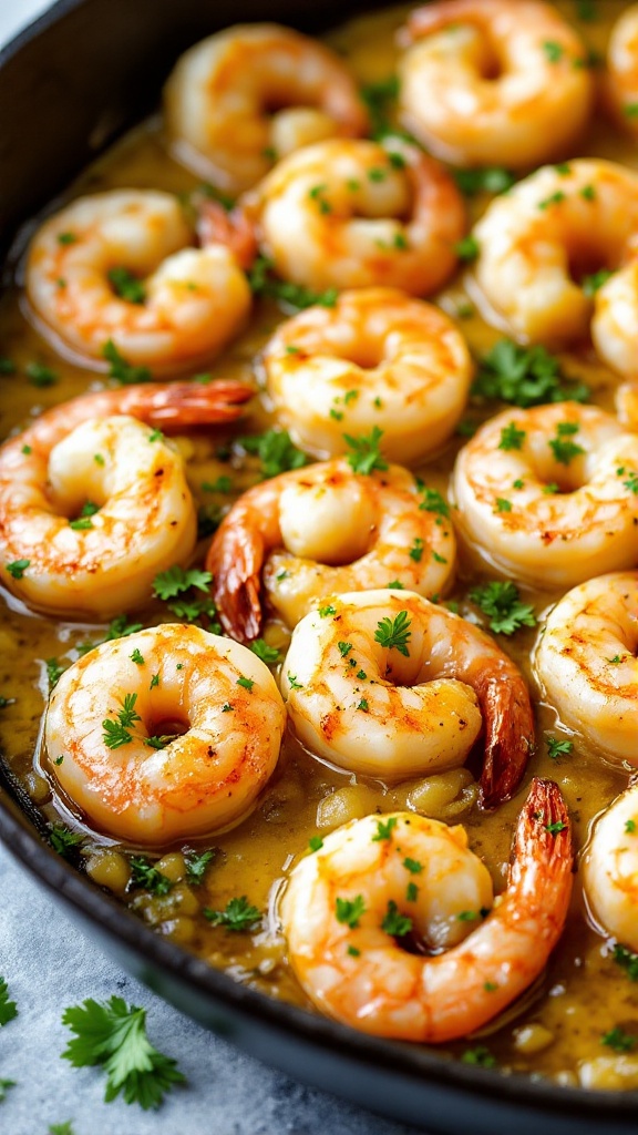 A close-up of garlic butter shrimp garnished with parsley in a skillet