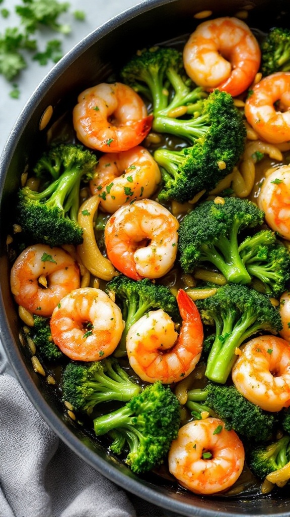 A pan filled with shrimp and broccoli cooked in garlic butter