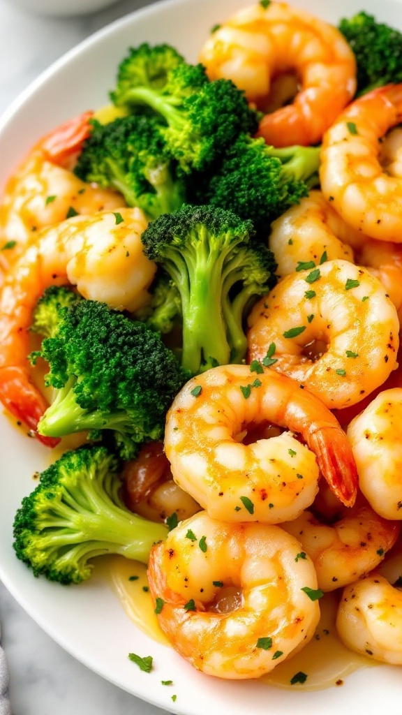 A plate of garlic butter shrimp and broccoli, showcasing shrimp and vibrant green broccoli in a buttery sauce.