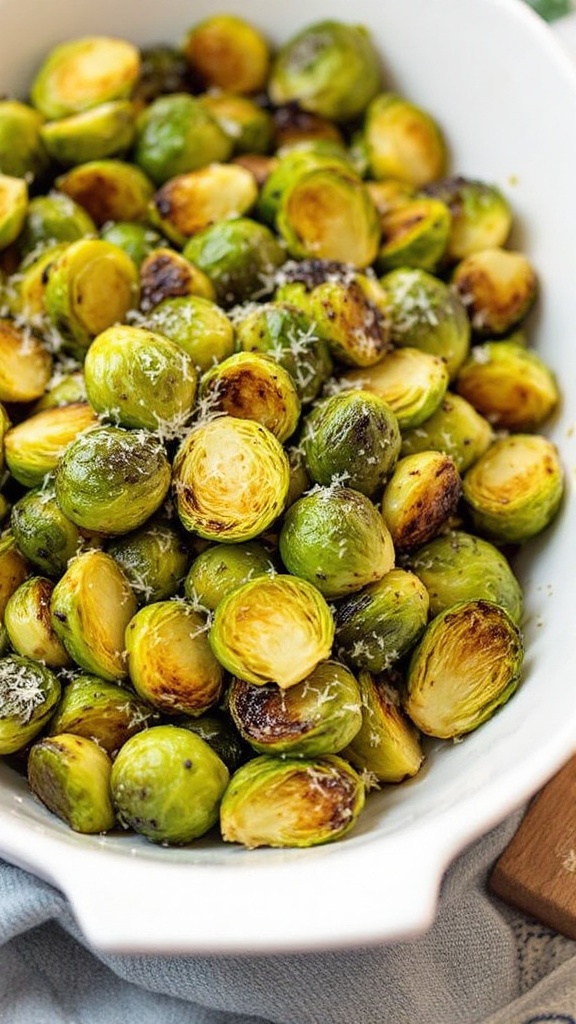 A bowl of roasted Brussels sprouts topped with grated Parmesan cheese.