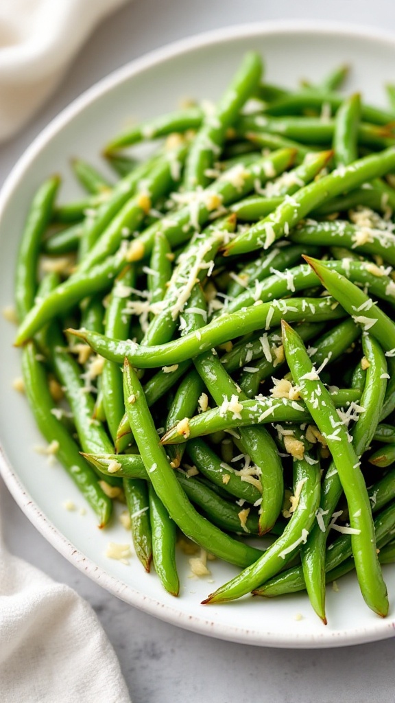 A plate of Garlic Parmesan Green Beans topped with minced garlic and grated Parmesan cheese.