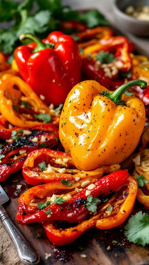 Colorful garlic roasted bell peppers on a wooden board, showcasing vibrant yellow and red colors, garnished with herbs.