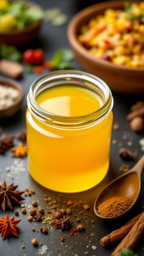 A jar of ghee surrounded by spices and fresh ingredients