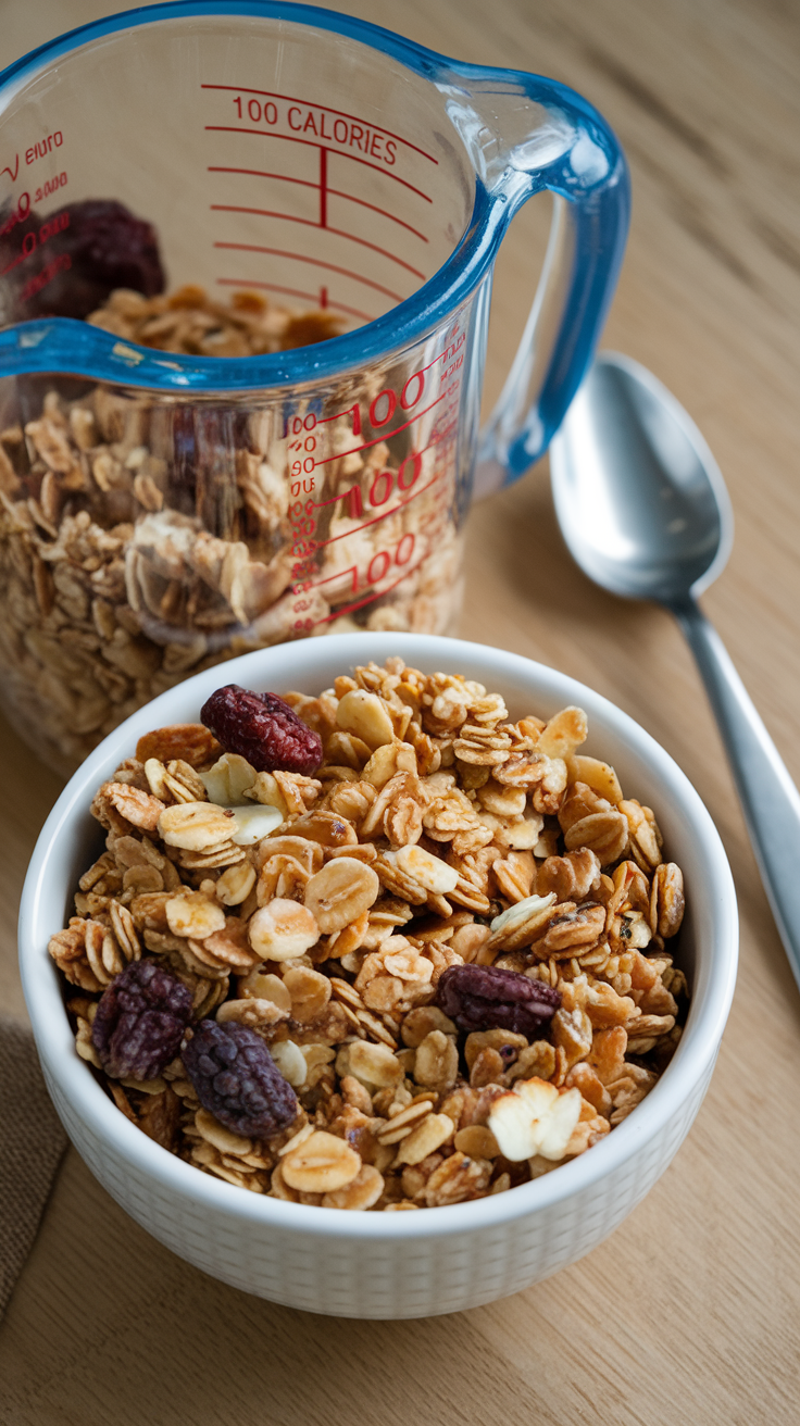 A bowl of granola with dried fruits next to a measuring cup showing calorie markings.