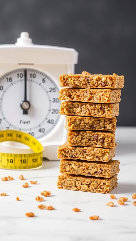 Stack of granola bars next to a scale and measuring tape.