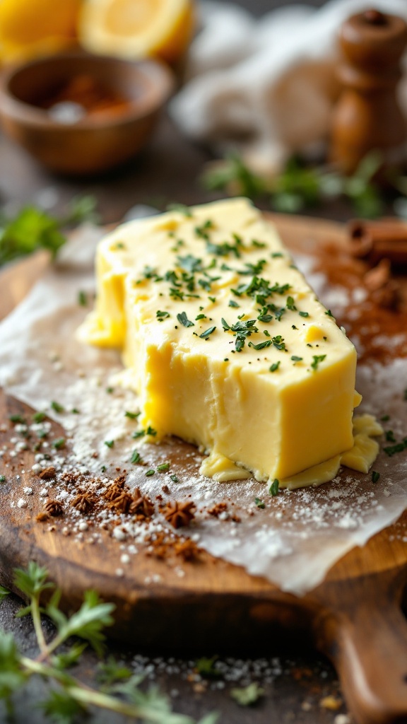 A block of grass-fed butter topped with herbs, placed on a wooden board surrounded by spices and lemon.