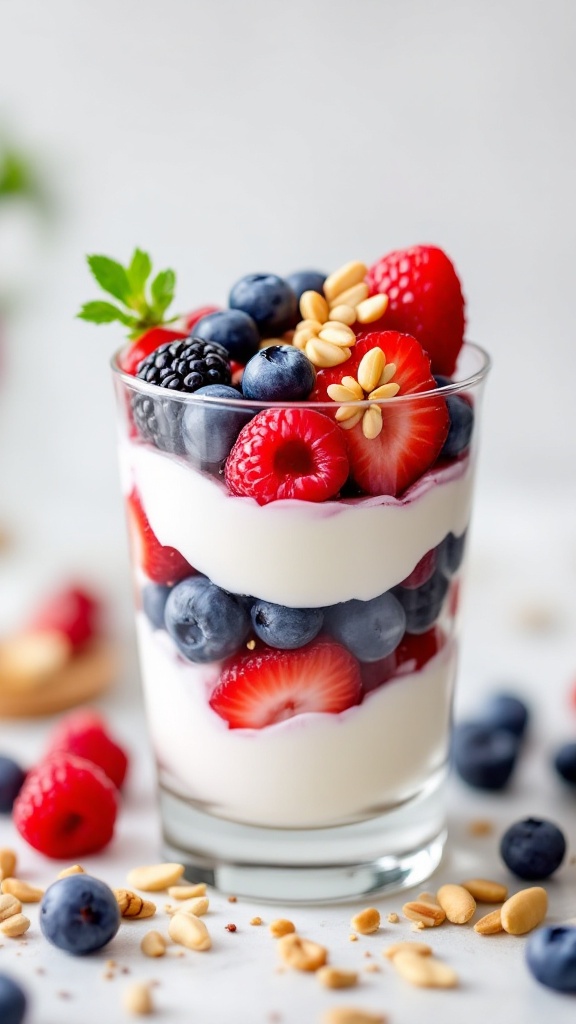 A glass of Greek yogurt parfait layered with strawberries, blueberries, raspberries, and topped with nuts.