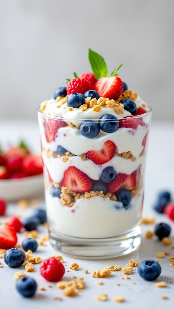 A Greek yogurt parfait layered with strawberries, blueberries, and granola, topped with mint.