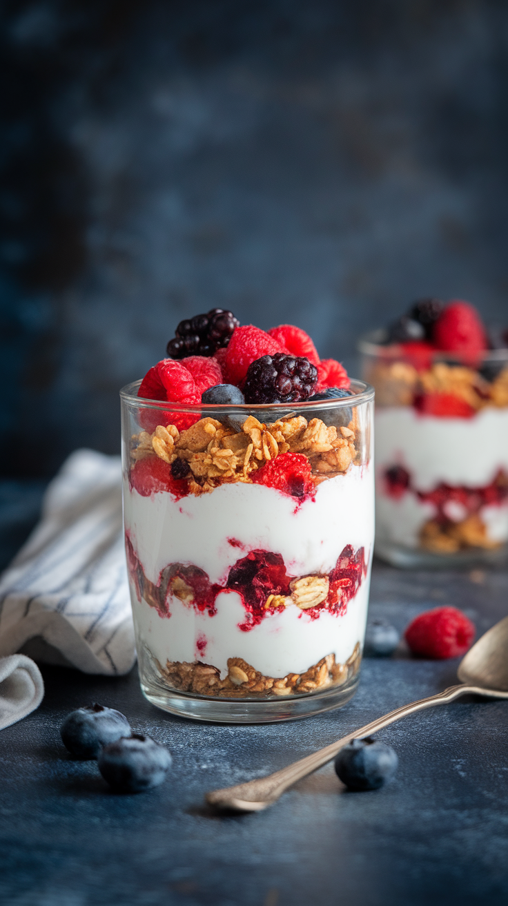 A delicious Greek yogurt parfait layered with granola and fresh berries, presented in a clear glass.