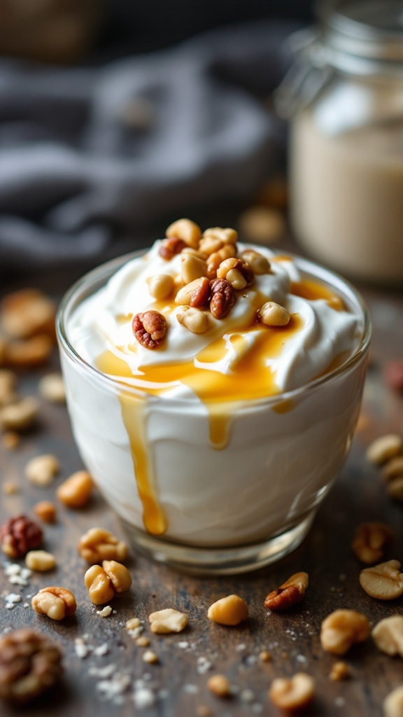 A bowl of Greek yogurt topped with nuts and honey, surrounded by scattered nuts.