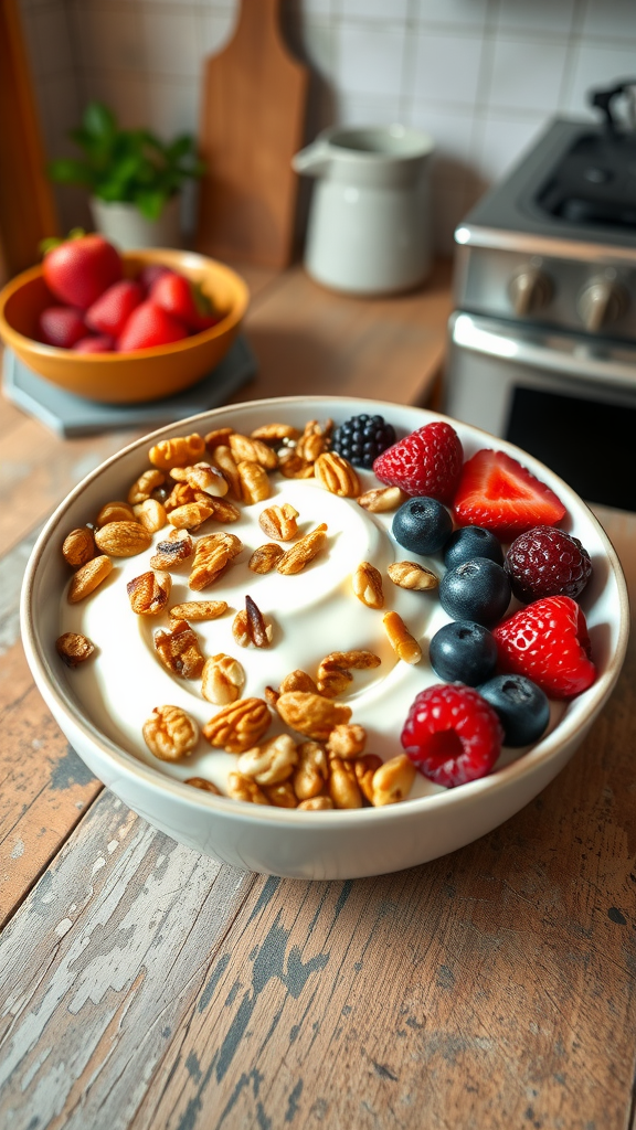 Bowl of Greek yogurt topped with nuts and mixed berries on a wooden table