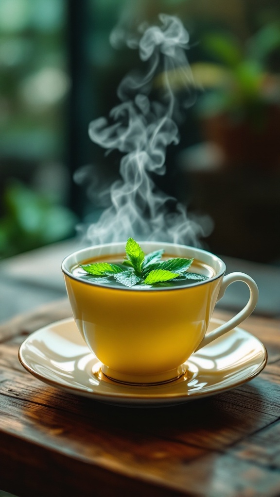 A steaming cup of green tea with mint leaves on top, resting on a wooden table.