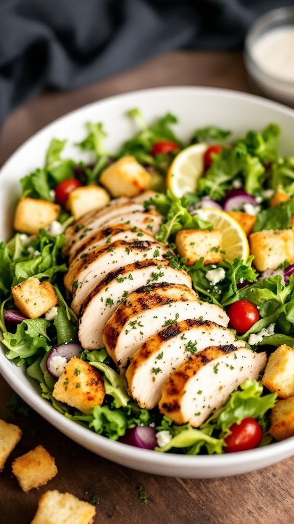 A bowl of Grilled Chicken Caesar Salad with sliced grilled chicken, croutons, greens, and cherry tomatoes