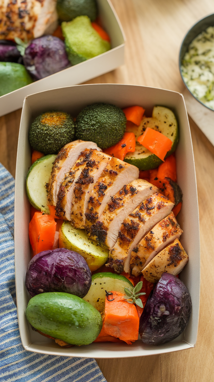 A delicious serving of grilled chicken with assorted colorful vegetables