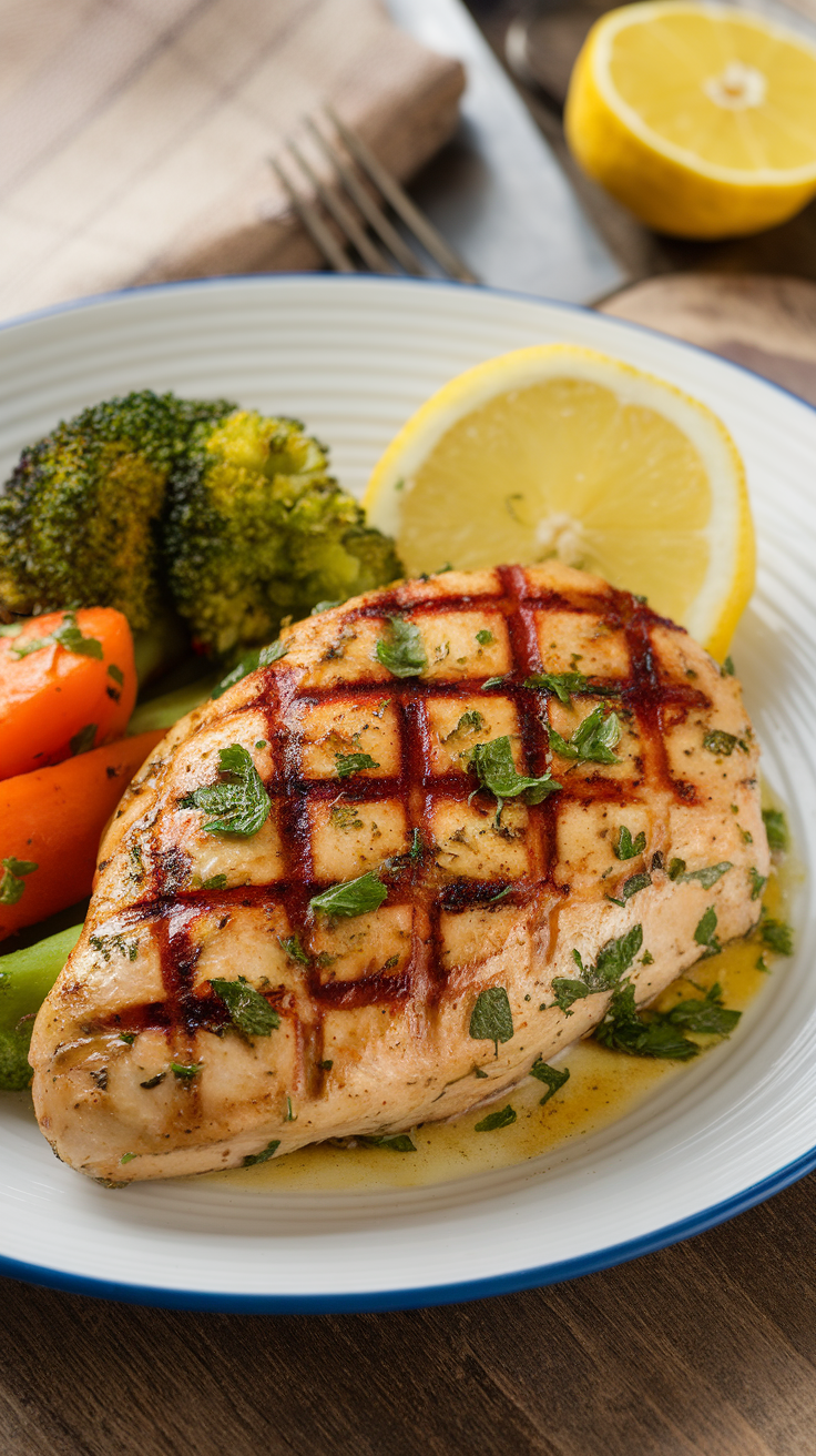 A plate of grilled lemon-herb chicken with vegetables, garnished with lemon slices.