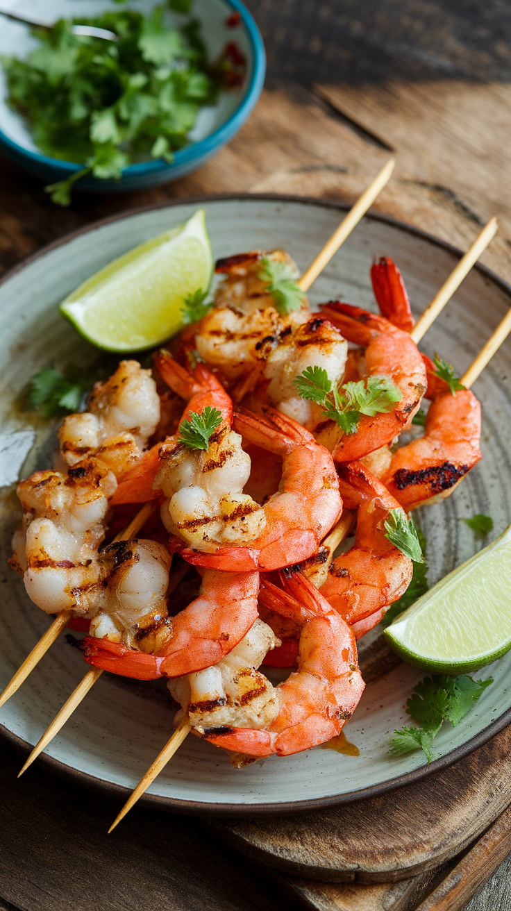 A plate of grilled shrimp skewers with lime and cilantro