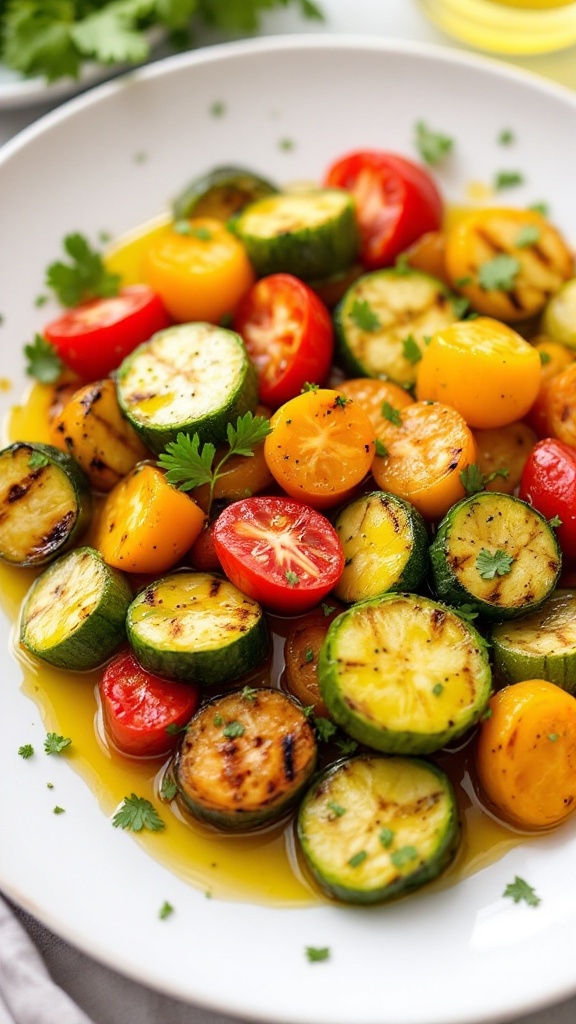 A plate of grilled zucchini and colorful tomatoes drizzled with oil and garnished with fresh herbs.