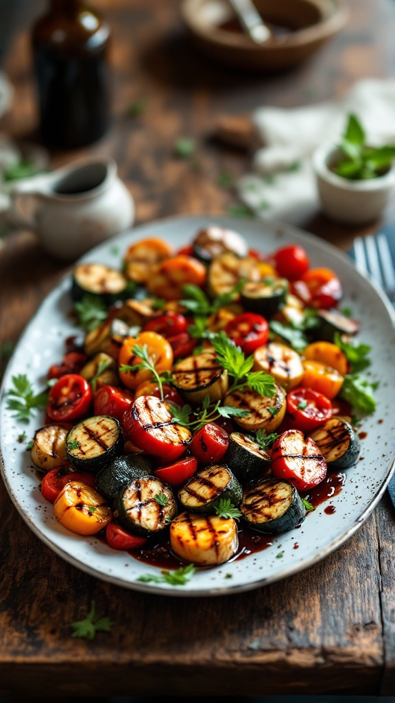 A plate of colorful grilled vegetables, including zucchini, cherry tomatoes, and more, drizzled with balsamic glaze on a rustic wooden table.