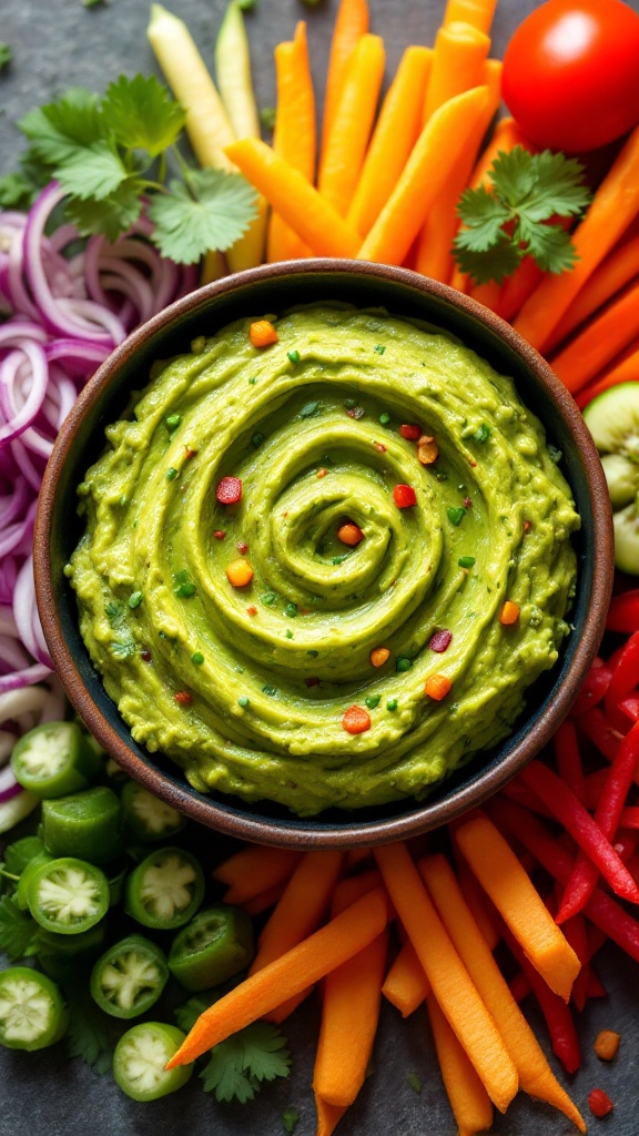 A bowl of guacamole surrounded by colorful veggie sticks including carrots, bell peppers, and cucumbers.