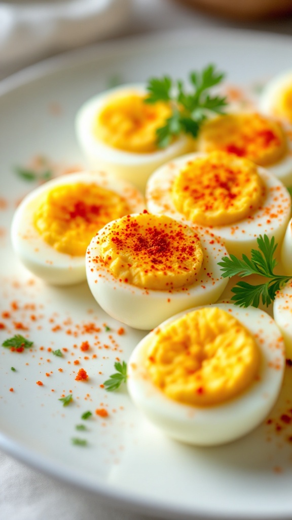 A plate of hard-boiled eggs topped with paprika and fresh herbs.