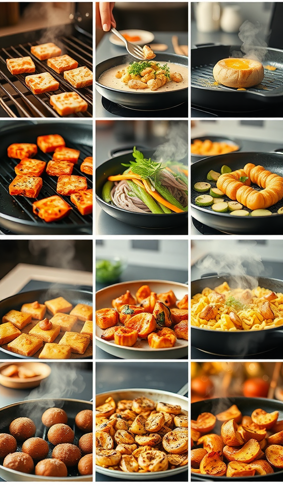 Collage of healthy cooking methods including grilled tofu, steamed veggies, and baked desserts.