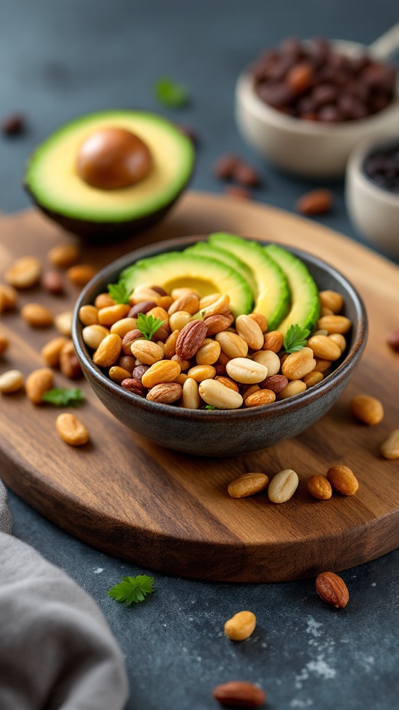 A bowl of mixed nuts with avocado slices on a wooden board