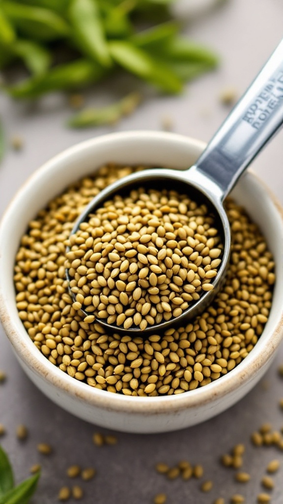 A measuring spoon filled with hemp seeds in a bowl, with seeds scattered around.