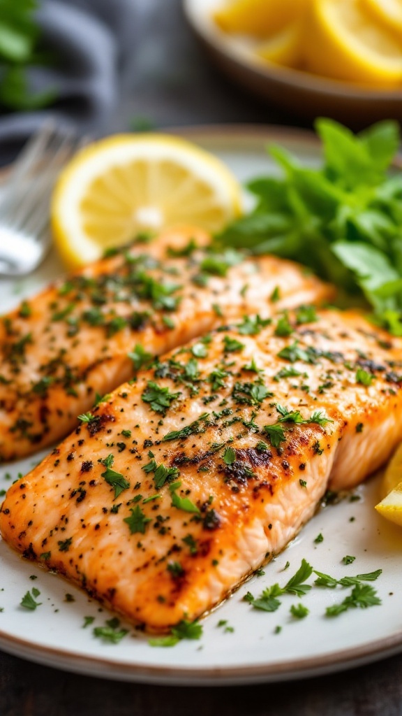 Delicious herb-crusted salmon fillets garnished with parsley and served with lemon slices.