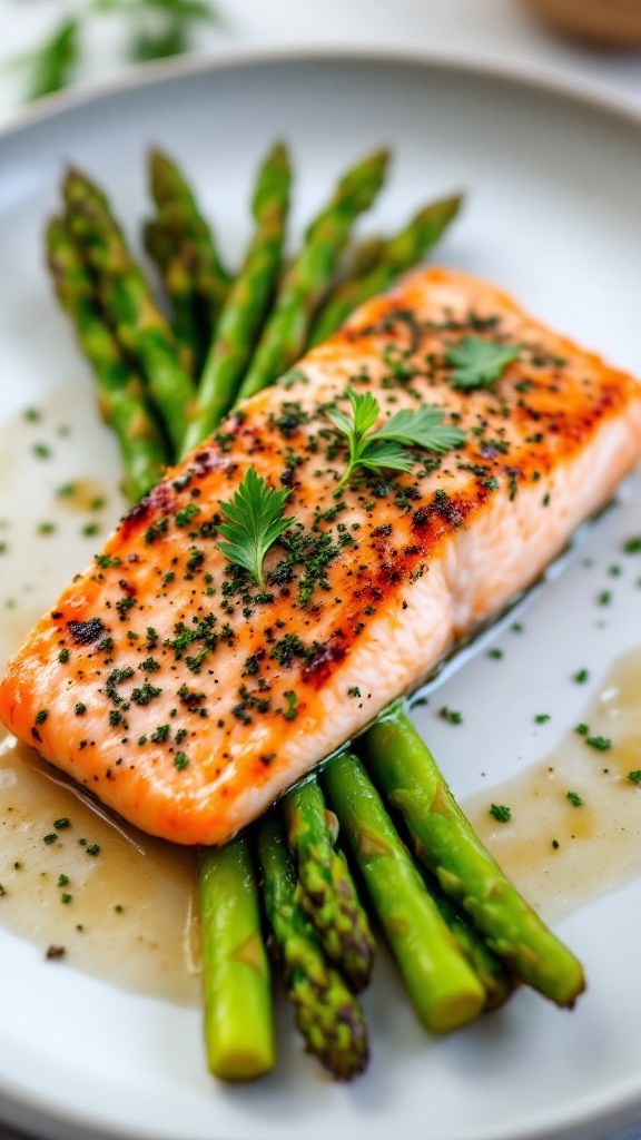 A beautifully plated herb-crusted salmon fillet served with asparagus.