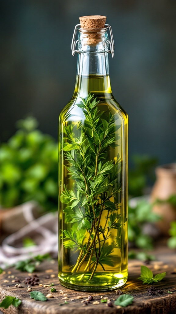 A bottle of herb-infused oil with fresh herbs inside, placed on a wooden surface with scattered spices.