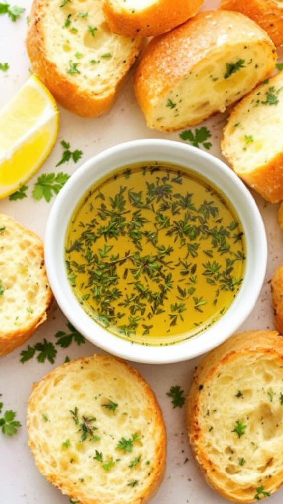 A bowl of herb-infused olive oil dip surrounded by slices of bread and lemon wedges.