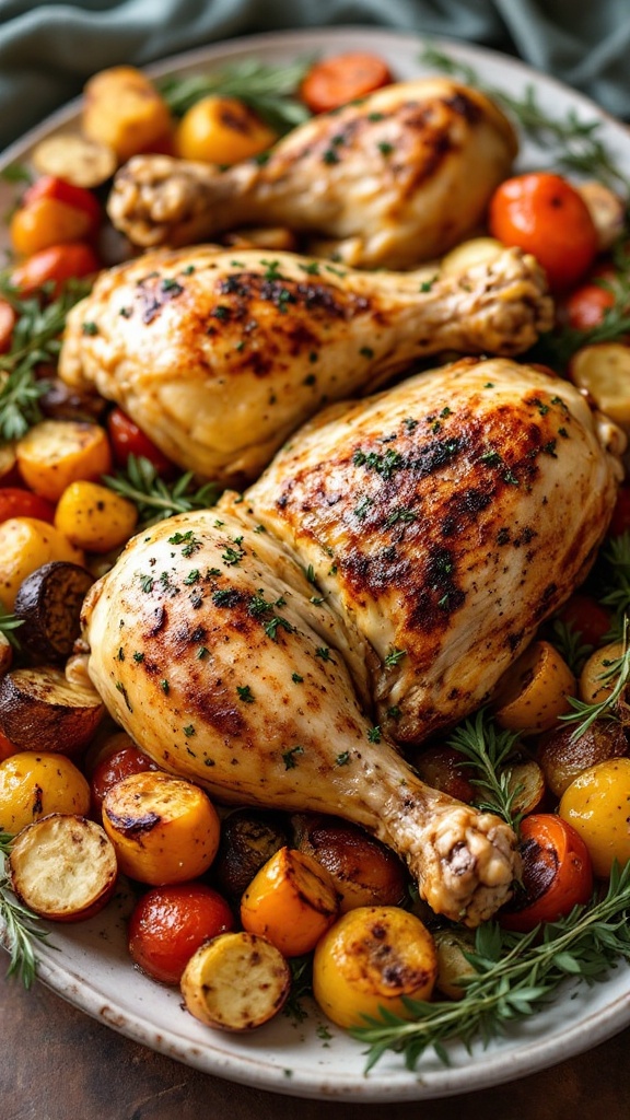 A plate of herb roasted chicken served with colorful roasted vegetables.