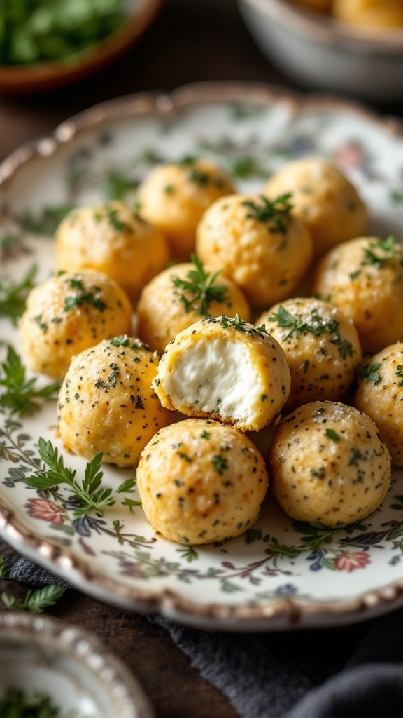 Plate of herbed goat cheese balls sprinkled with herbs, one cut in half to show creamy inside.