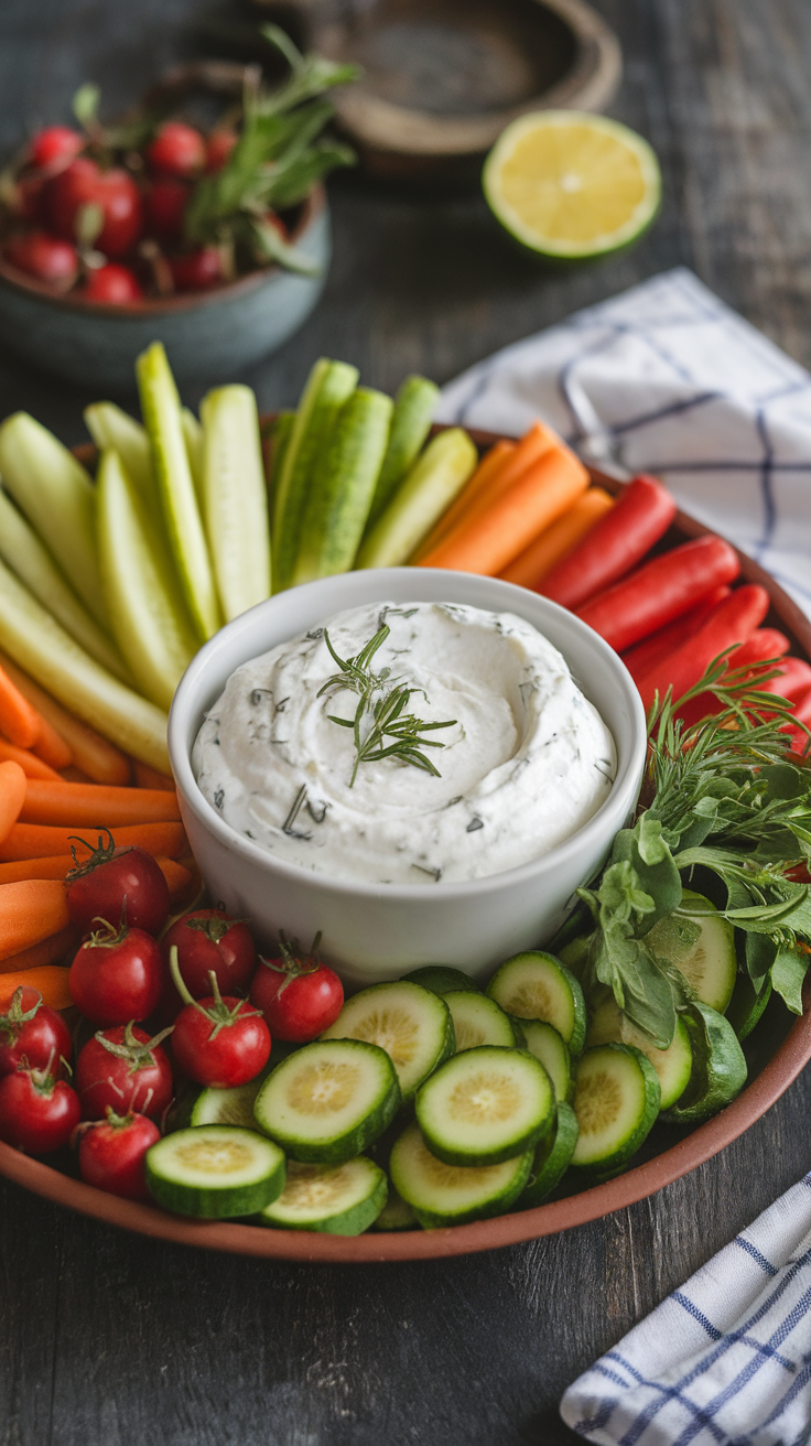 A colorful platter of fresh vegetables surrounding a bowl of herbed Greek yogurt dip.