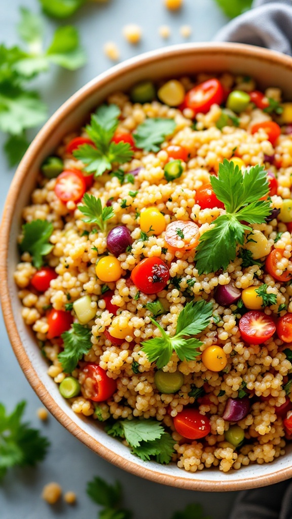 A colorful herbed quinoa salad in a wooden bowl, featuring cherry tomatoes, peas, and fresh cilantro.