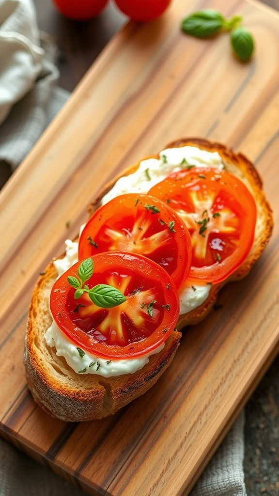 A slice of toasted bread topped with ricotta cheese, fresh tomato slices, and garnished with herbs, resting on a wooden board.