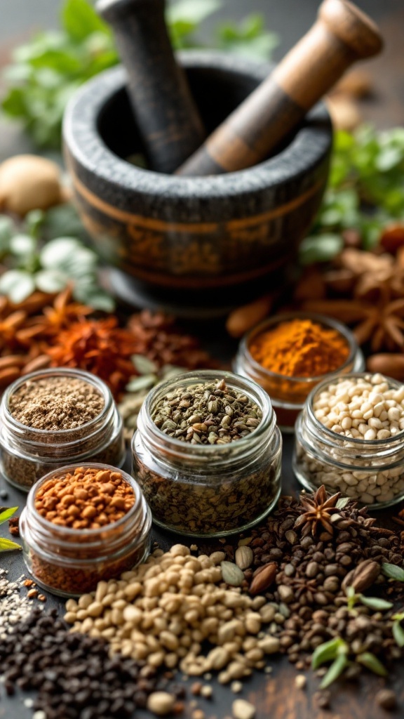 A collection of various herbs and spices in jars, with a mortar and pestle in the background.