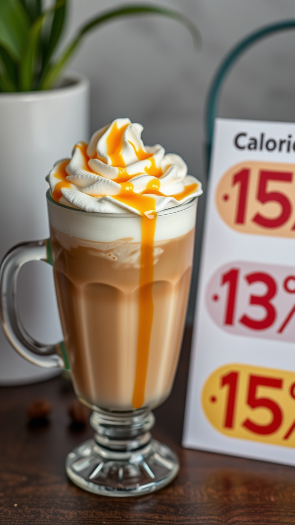 A high-calorie coffee drink topped with whipped cream and caramel drizzle next to a calorie sign.