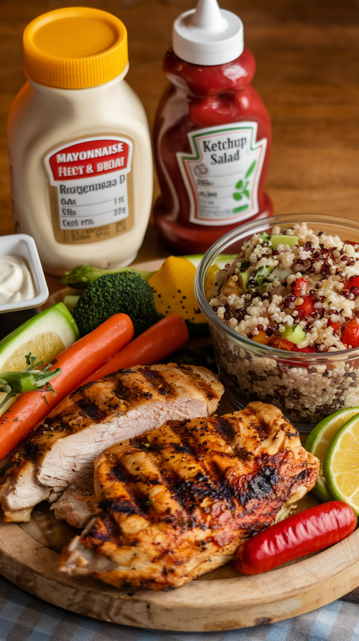 A plate featuring grilled chicken, colorful vegetables, and high-calorie condiments like mayonnaise and ketchup.