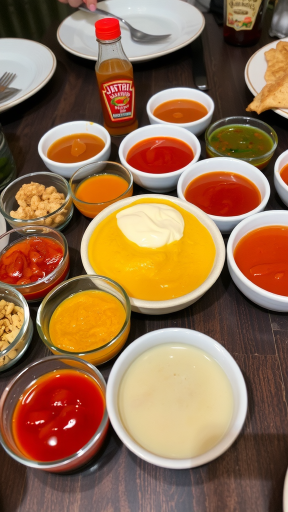 An assortment of sauces and condiments in small bowls on a table.