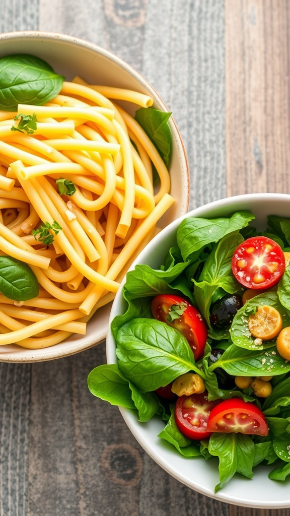 A bowl of pasta alongside a bowl of fresh salad with greens, tomatoes, and olives.