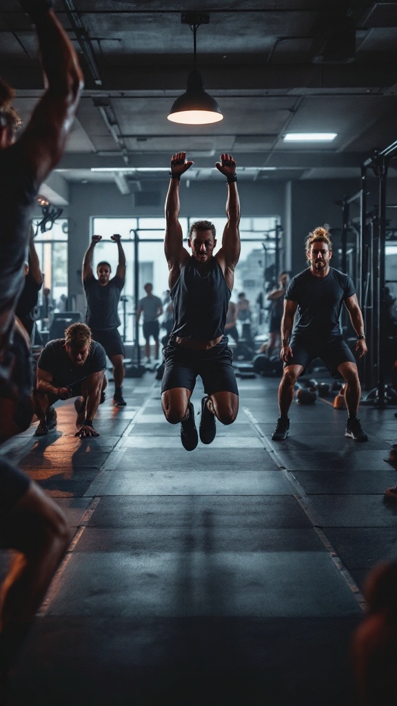 A group of individuals performing high-intensity interval training in a gym, with one person jumping in the foreground.