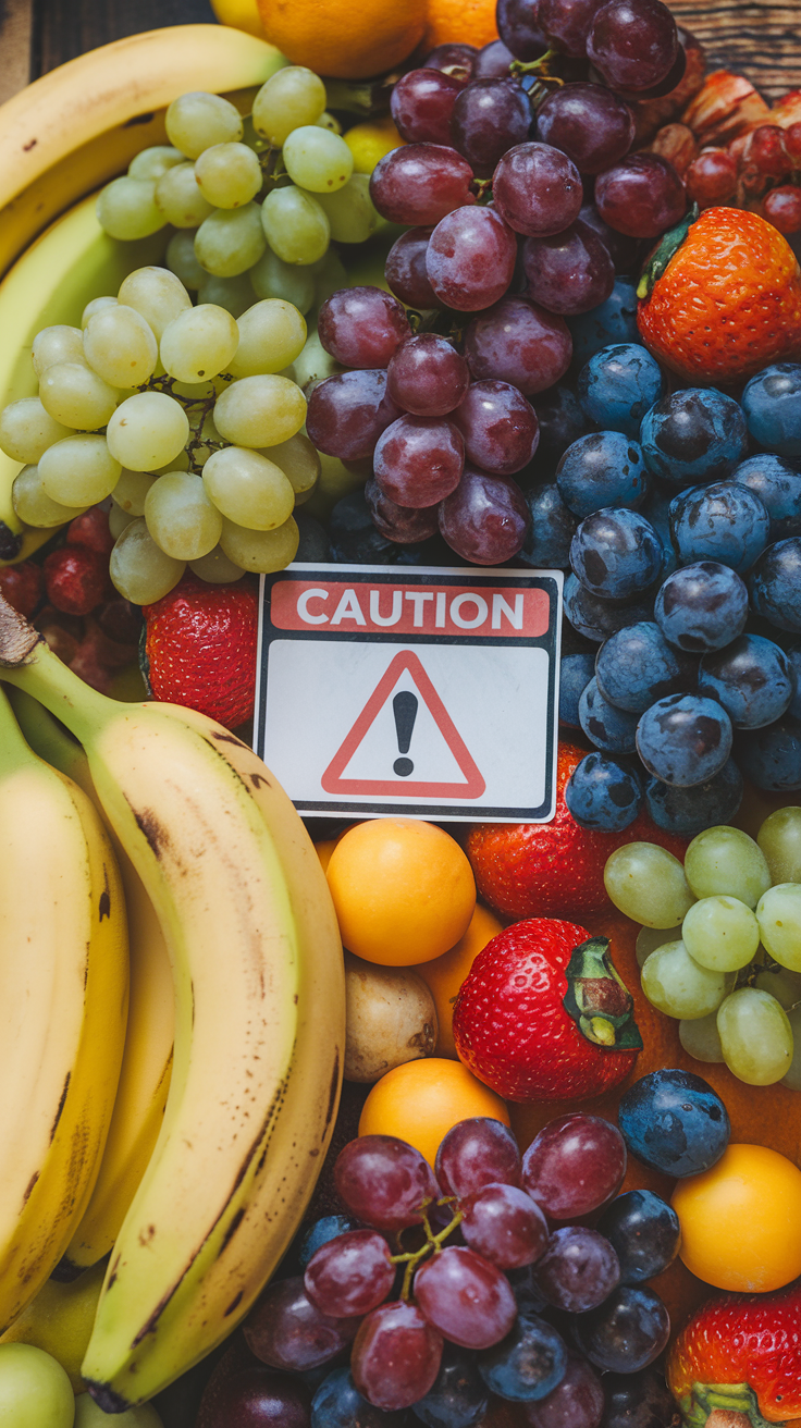 An assortment of colorful fruits with a caution sign in the center, indicating a warning about sugar content.