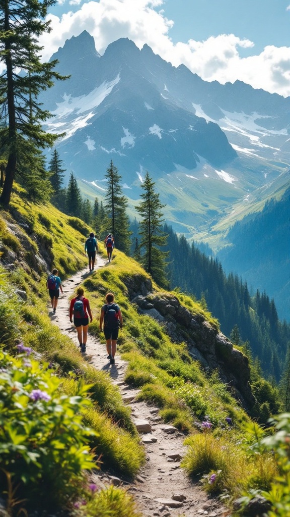 A group of hikers walking on a scenic mountain trail surrounded by greenery.