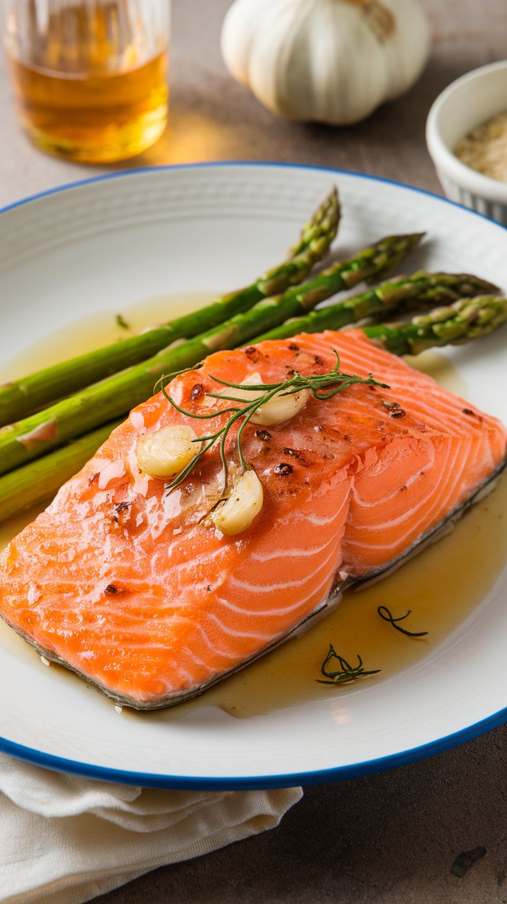 Plate of honey-garlic glazed salmon with asparagus